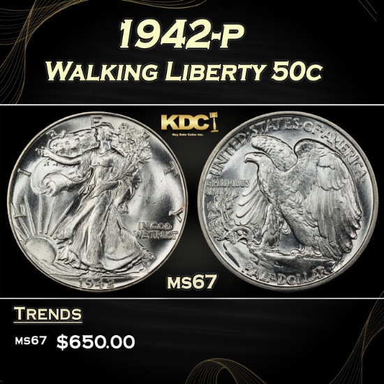 1942-p Walking Liberty Half Dollar 50c ms67 SEGS