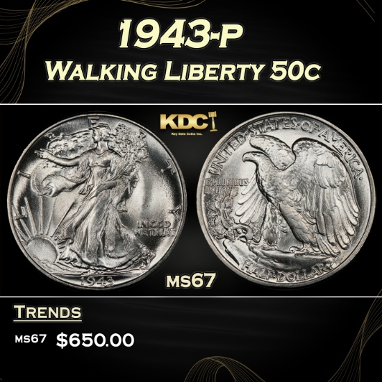 1943-p Walking Liberty Half Dollar 50c ms67 SEGS
