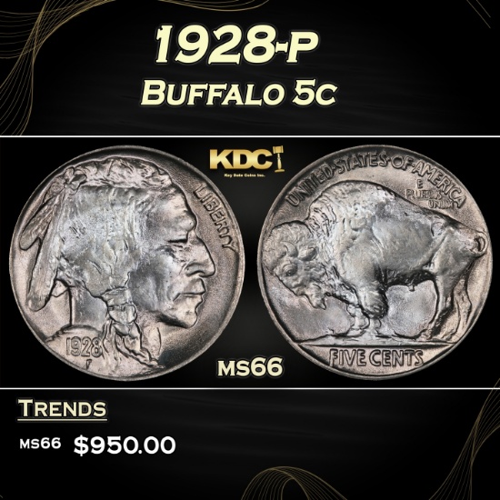 1928-p Buffalo Nickel 5c Grades ms66