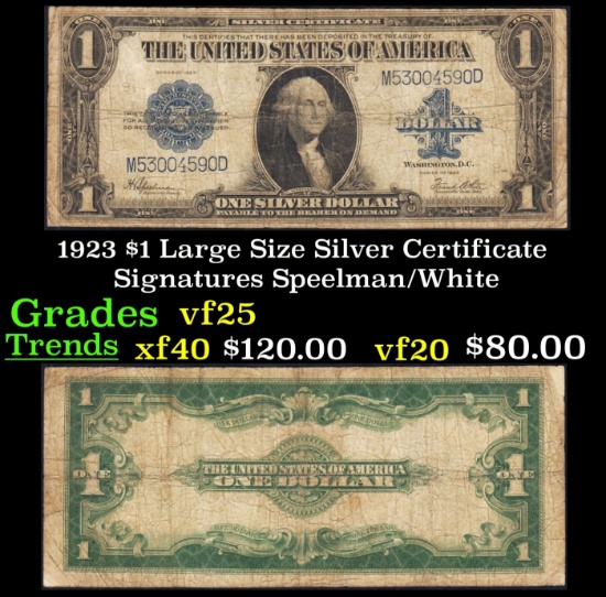 1923 $1 large size Silver Certificate Grades vf+ Signatures Speelman/White