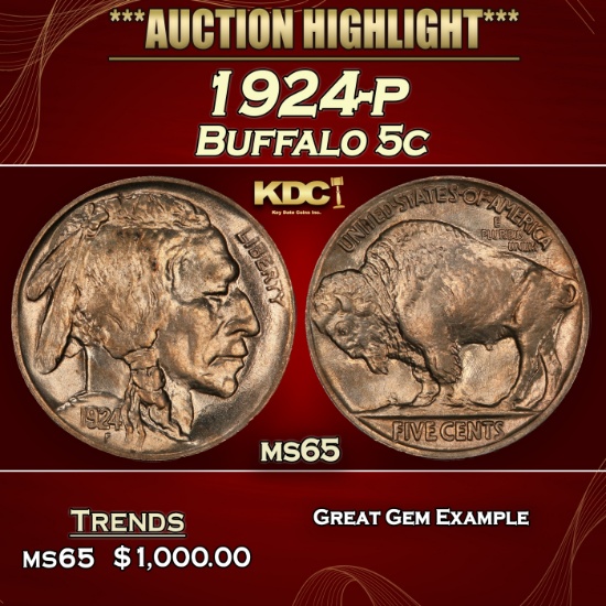 1924-p Buffalo Nickel 5c ms65 SEGS