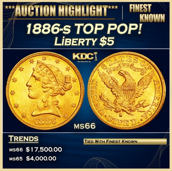 1886-s Gold Liberty Half Eagle TOP POP! $5 ms66 SEGS