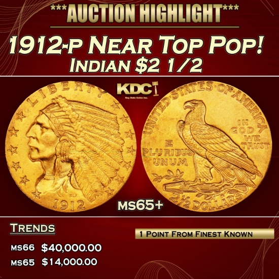 1912-p Gold Indian Quarter Eagle Near Top Pop! $2 1/2 ms65+ SEGS