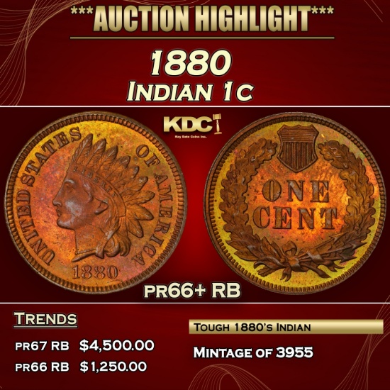 1880 Proof Indian Cent 1c pr66+ RB SEGS