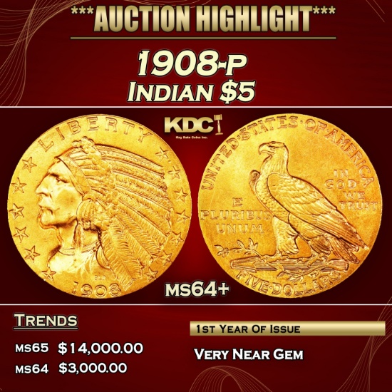 1908-p Gold Indian Half Eagle $5 ms64+ USCG
