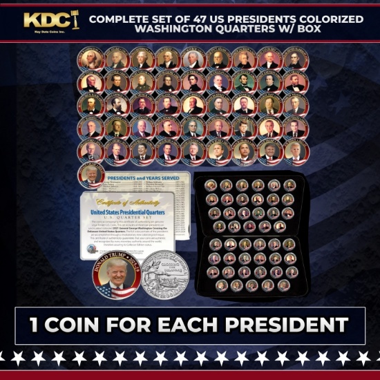 Complete Set of 47 US Presidents Colorized Washington Quarters w/ BOX Grades Other Toy
