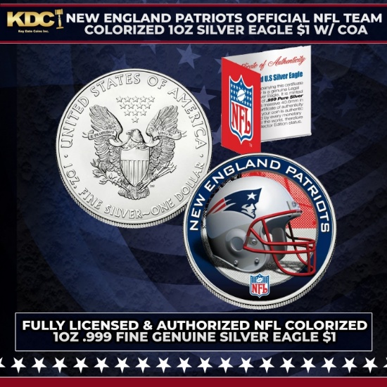 New England Patriots Official NFL Team Colorized 1oz Silver Eagle $1 w/ COA Grades Other Toy