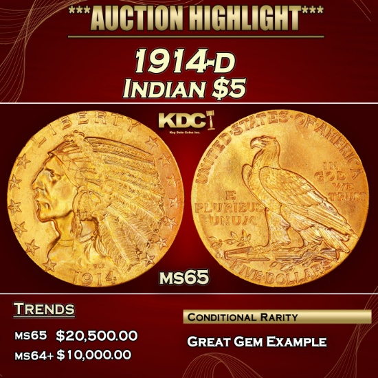 1914-d Gold Indian Half Eagle $5 ms65 USCG