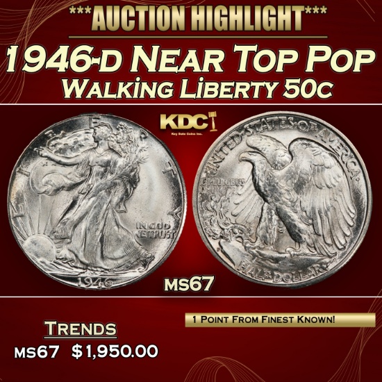 1946-d Walking Liberty Half Dollar Near Top Pop 50c ms67 SEGS