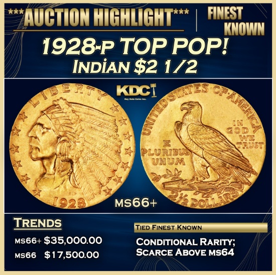 1928-p Gold Indian Quarter Eagle TOP POP! $2 1/2 ms66+ USCG