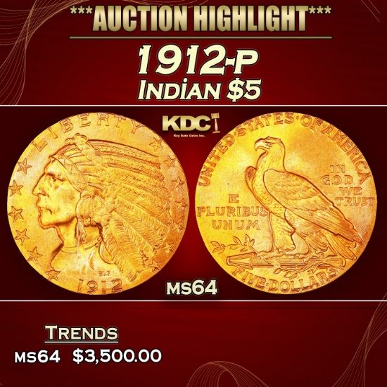 1912-p Gold Indian Half Eagle $5 ms64 USCG