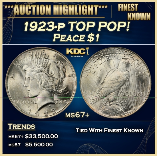 1923-p Peace Dollar TOP POP! $1 ms67+ SEGS