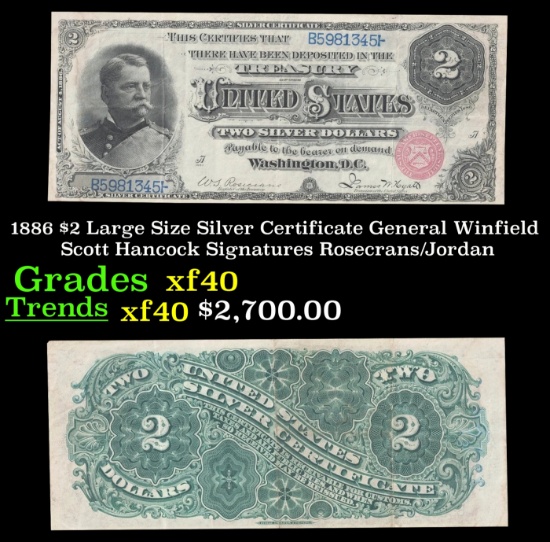 1886 $2 Large Size Silver Certificate General Winfield Scott Hancock Grades xf Signatures Rosecrans/