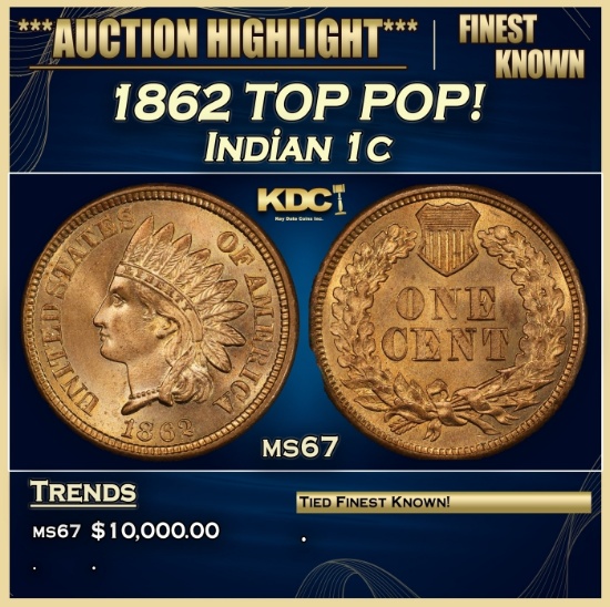1862 Indian Cent TOP POP! 1c ms67 SEGS