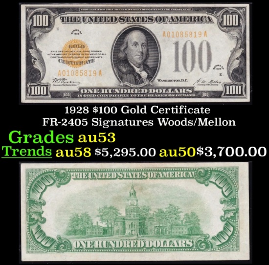 1928 $100 Gold Certificate FR-2405 Signatures Woods/Mellon Grades Select AU
