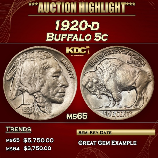 1920-d Buffalo Nickel 5c ms65 SEGS