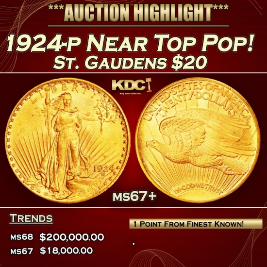 1924-p Gold St. Gaudens Double Eagle Near Top Pop! $20 ms67+ SEGS
