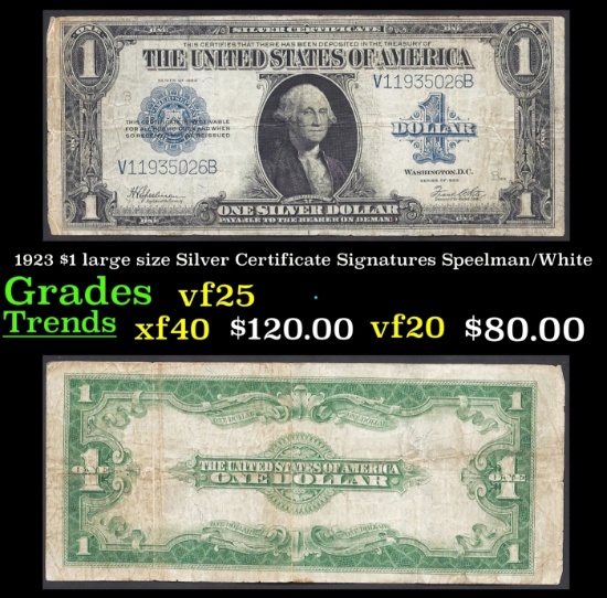 1923 $1 large size Silver Certificate Grades vf+ Signatures Speelman/White