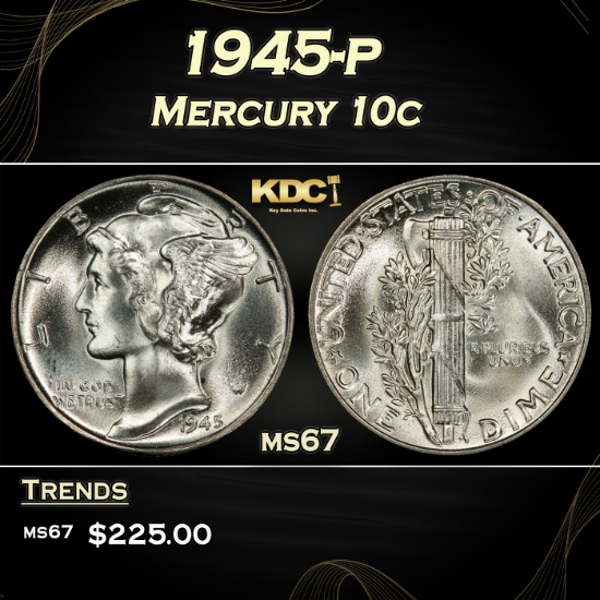 1945-p Mercury Dime 10c ms67 SEGS