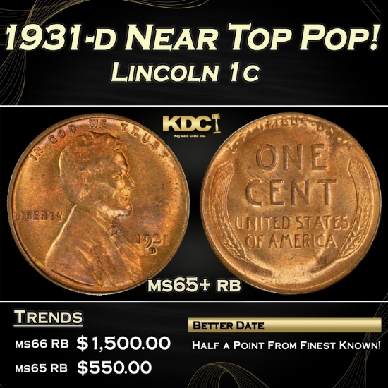 1931-d Lincoln Cent Near Top Pop! 1c ms65+ rb SEGS