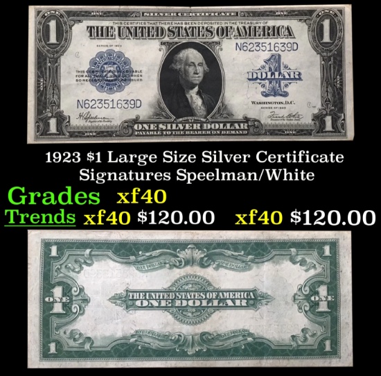 1923 $1 large size Silver Certificate Grades xf Signatures Speelman/White