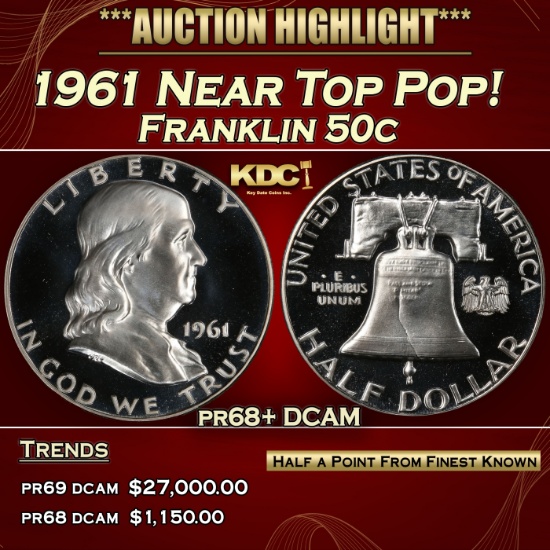 1961 Proof Franklin Half Dollar Near Top Pop! 50c pr68+ DCAM SEGS