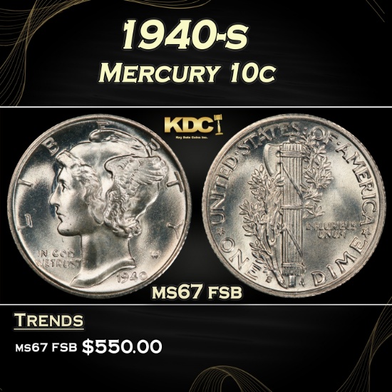 1940-s Mercury Dime 10c ms67 fsb SEGS