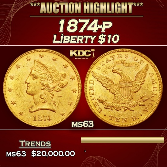 1874-p Gold Liberty Eagle $10 ms63 USCG