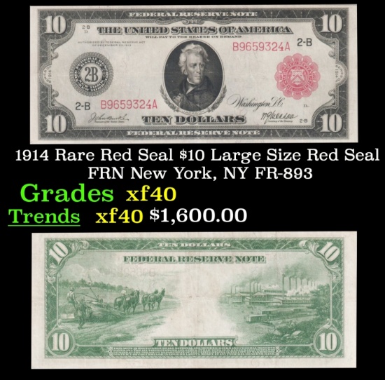 1914 $10 Large Size Red Seal FRN Rare Red Seal New York, NY Grades xf FR-893