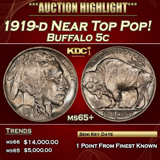 1919-d Buffalo Nickel Near Top Pop! 5c ms65+ SEGS