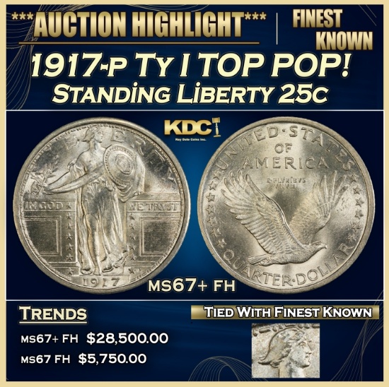 1917-p Ty I Standing Liberty Quarter TOP POP! 25c ms67+ fh SEGS