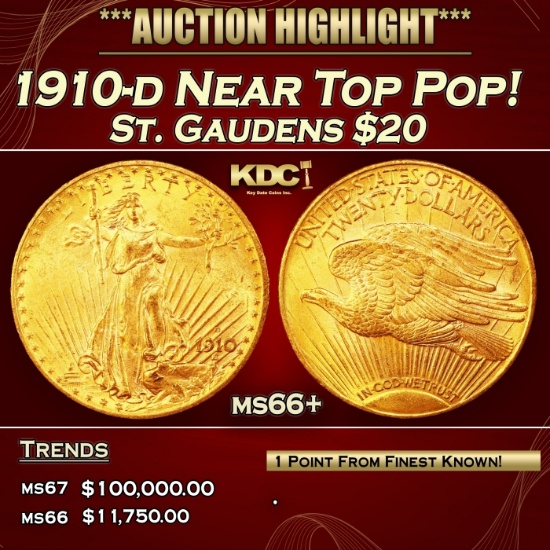 1910-d Gold St. Gaudens Double Eagle Near Top Pop! $20 ms66+ SEGS