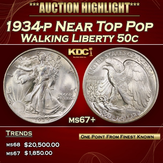 1934-p Walking Liberty Half Dollar Near Top Pop 50c ms67+ SEGS