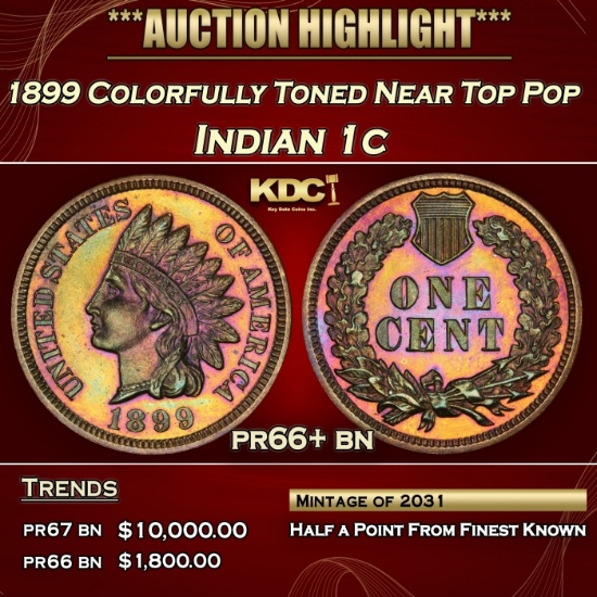 1899 Proof Indian Cent Colorfully Toned Near Top Pop 1c pr66+ bn SEGS
