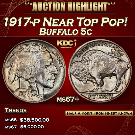 1917-p Buffalo Nickel Near Top Pop! 5c ms67+ SEGS