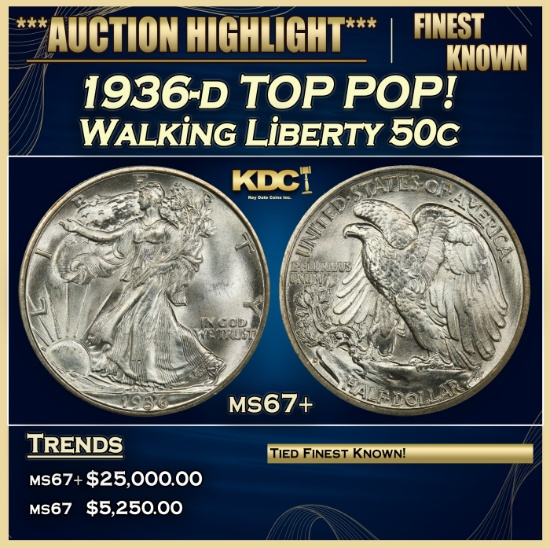1936-d Walking Liberty Half Dollar TOP POP! 50c ms67+ SEGS