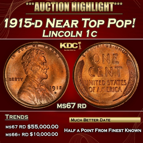 1915-d Lincoln Cent Near Top Pop! 1c ms67 rd SEGS
