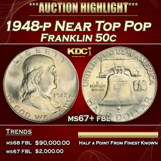 1948-p Franklin Half Dollar Near Top Pop 50c ms67+ fbl SEGS