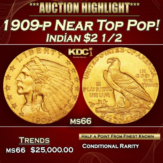 1909-p Gold Indian Quarter Eagle Near Top Pop! $2 1/2 ms66 USCG
