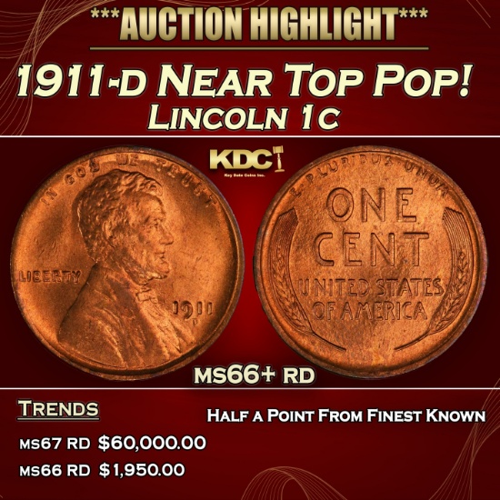 1911-d Lincoln Cent Near Top Pop! 1c ms66+ rd SEGS