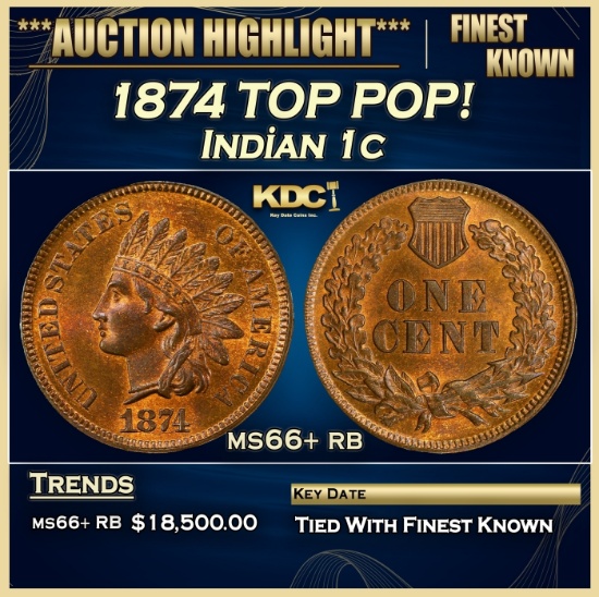 1874 Indian Cent TOP POP! 1c ms66+ rb SEGS