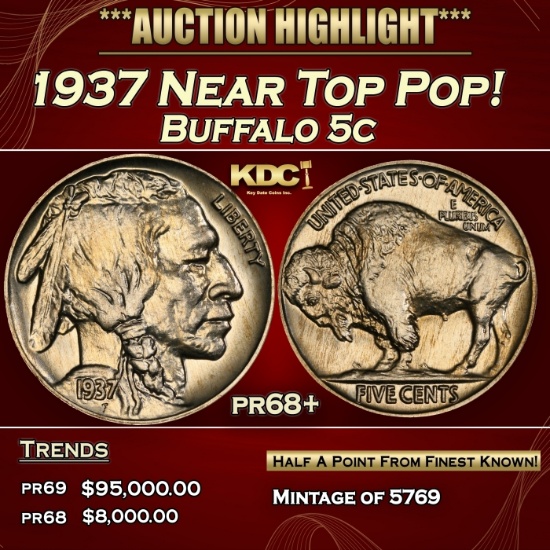 1937 Proof Buffalo Nickel Near Top Pop! 5c Grades pr68+