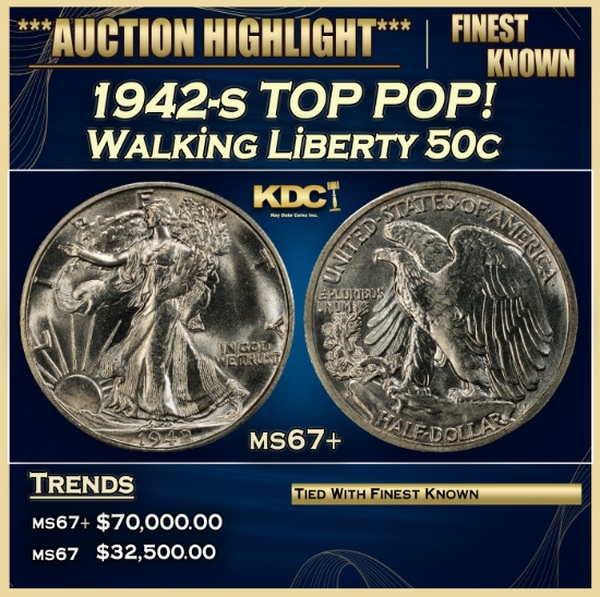 1942-s Walking Liberty Half Dollar TOP POP! 50c ms67+ SEGS