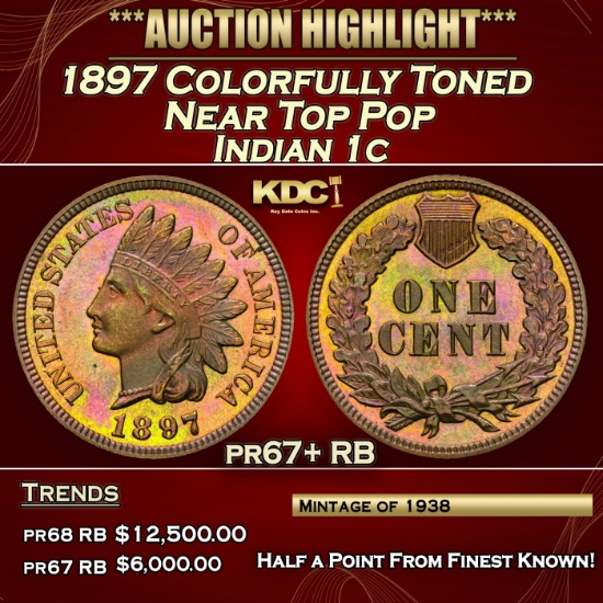 1897 Proof Indian Cent Colorfully Toned Near Top Pop 1c pr67+ RB SEGS