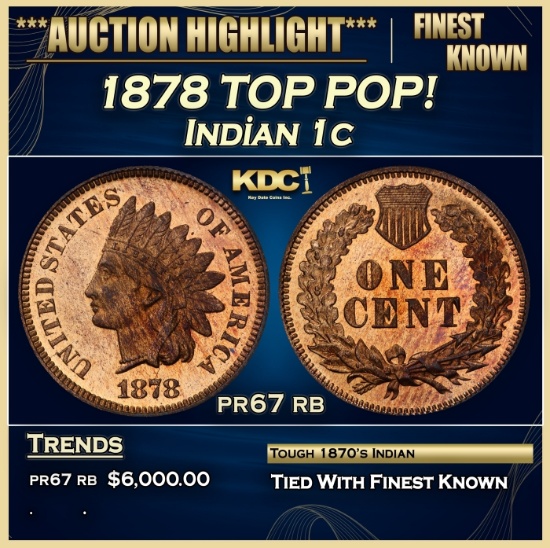 1878 Proof Indian Cent TOP POP! 1c pr67 rb SEGS