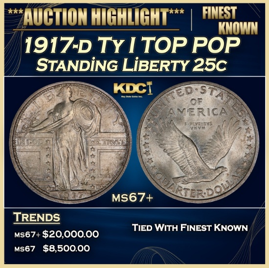 1917-d Ty I Standing Liberty Quarter TOP POP 25c ms67+ SEGS