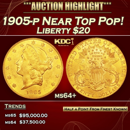 1905-p Gold Liberty Double Eagle Near Top Pop! $20 ms64+ SEGS