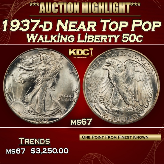 1937-d Walking Liberty Half Dollar Near Top Pop 50c ms67 SEGS