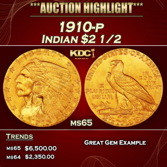 1910-p Gold Indian Quarter Eagle $2 1/2 ms65 SEGS