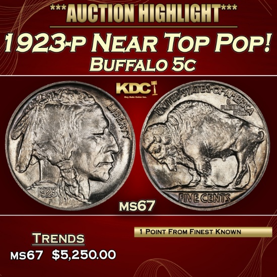1923-p Buffalo Nickel Near Top Pop! 5c ms67 SEGS